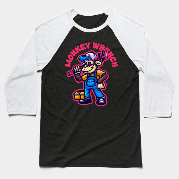 Monkey Wrench Happy Funny Car Mechanic Retro Cartoon Vintage Comic Baseball T-Shirt by REVISTANGO